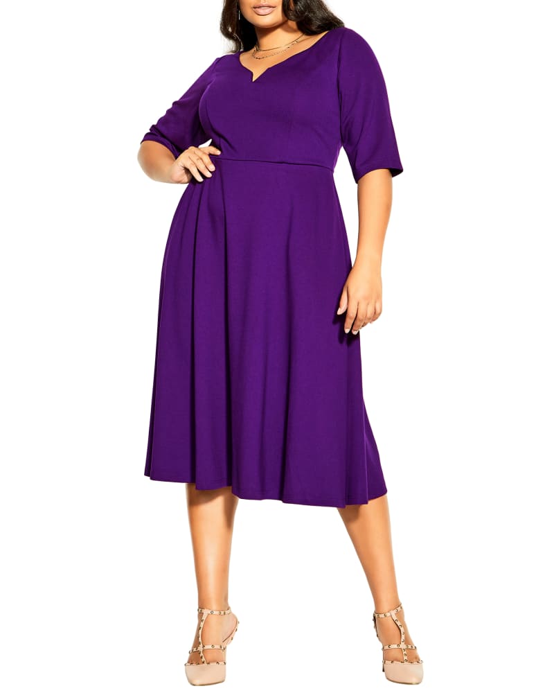 Front of a model wearing a size XXS Alani Cute Girl Dress in Petunia by City Chic. | dia_product_style_image_id:234442